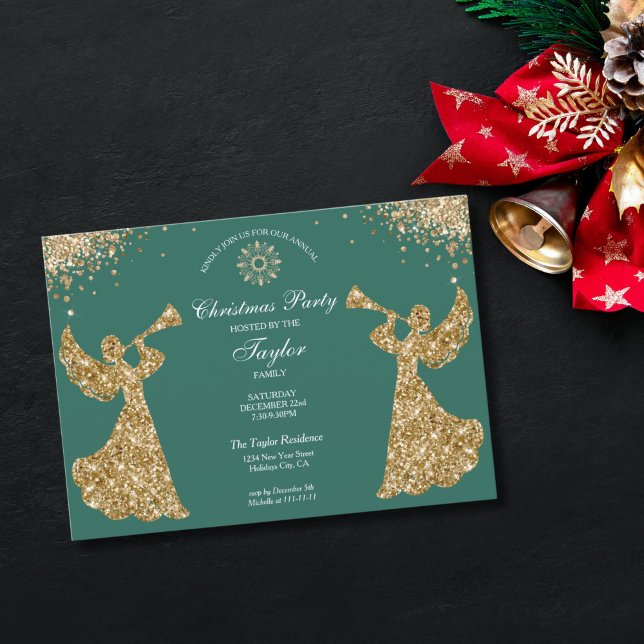 Convites Festa de Janto da Família Angel Christmas Tree (religious family christmas party invitation with green background and gold trumpet angels)