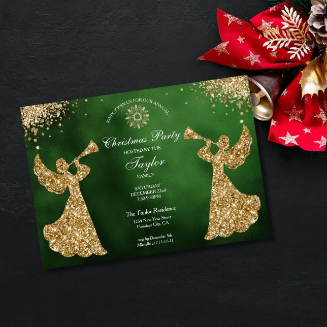 Convites Festa de Janto da Família Angel Christmas Tree (religious family christmas party invitation with green background and gold trumpet angels)