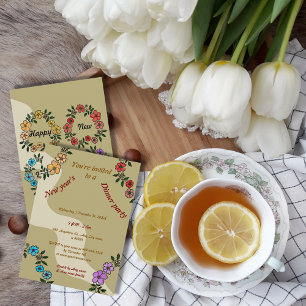 Convites Festa de janto de Ano Novo Beige com coroa floral