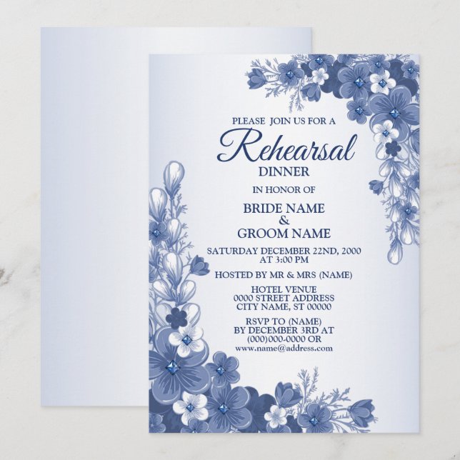 Convites Festa de Janto de ensaio Casamento Floral Blue Rus (Frente/Verso)