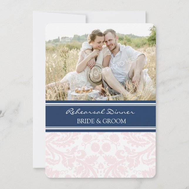 Convites Festa de Janto de ensaio de fotos azul de Damask a (Frente)