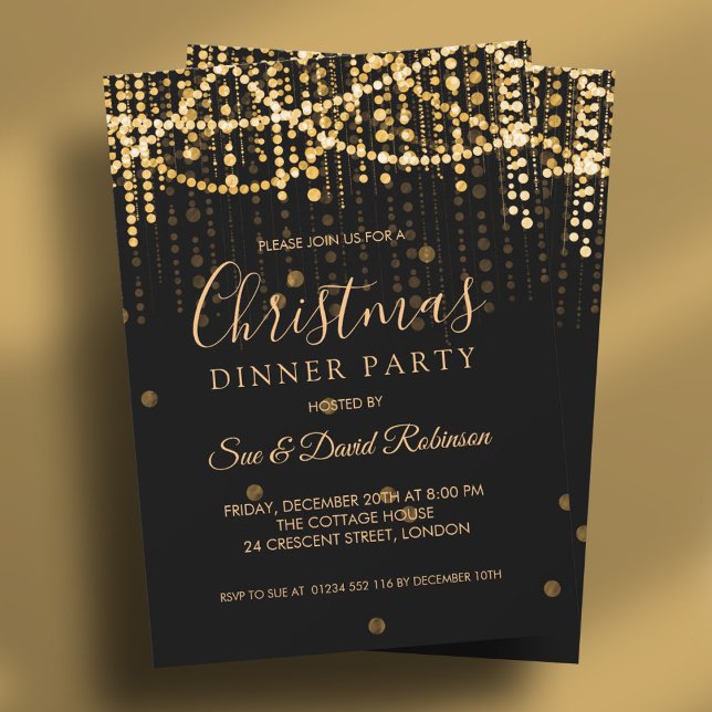 Convites Festa de Janto de Férias de Natal das Luzes Dourad (Gold String Lights Christmas Holiday Dinner Party Invitation)