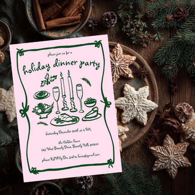 Convites Festa de Janto de Férias de Natal entre Raparigas  (Whimsical Doodle Sketch Girly Christmas Holiday Dinner Party Invitation Pink Green
)