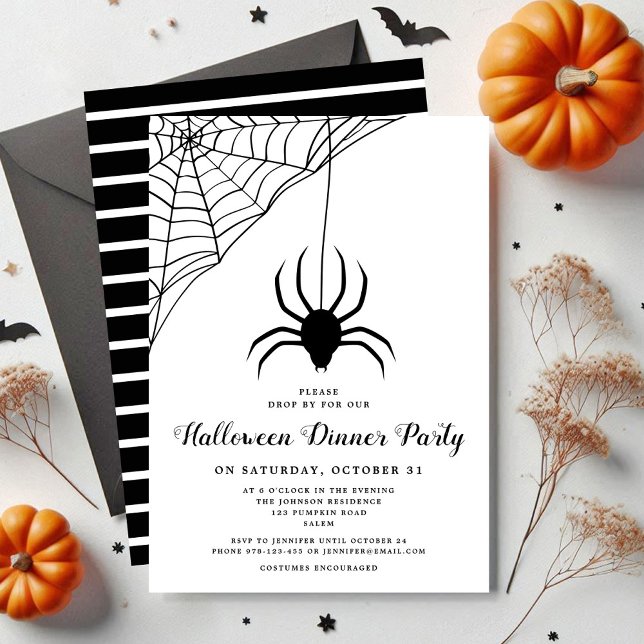 Convites Festa de Janto de Halloween de Aranha Negra (Cute Black Spider Halloween Dinner Party Invitation)