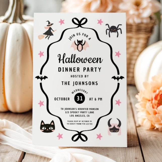 Convites Festa de Janto de Halloween de Coquette (Cute Coquette Halloween Dinner Party Invitation)