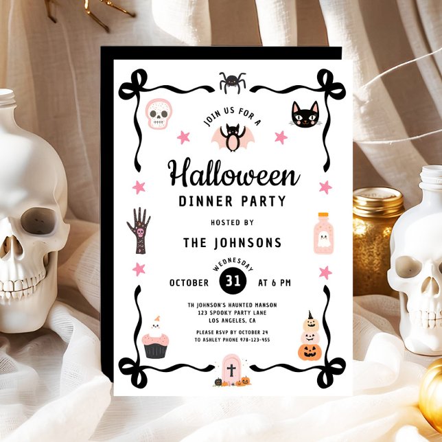 Convites Festa de Janto de Halloween de Coquette (Cute Coquette Halloween Dinner Party Invitation)