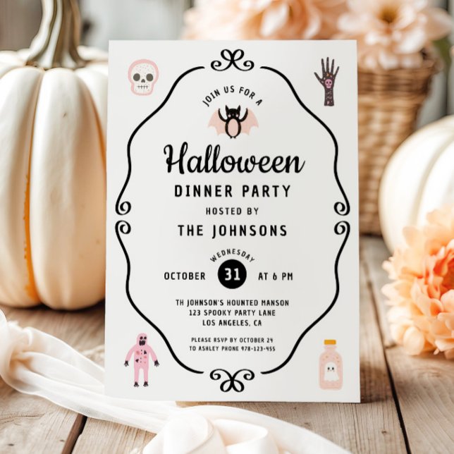 Convites Festa de Janto de Halloween de Coquette (Cute Coquette Halloween Dinner Party Invitation)
