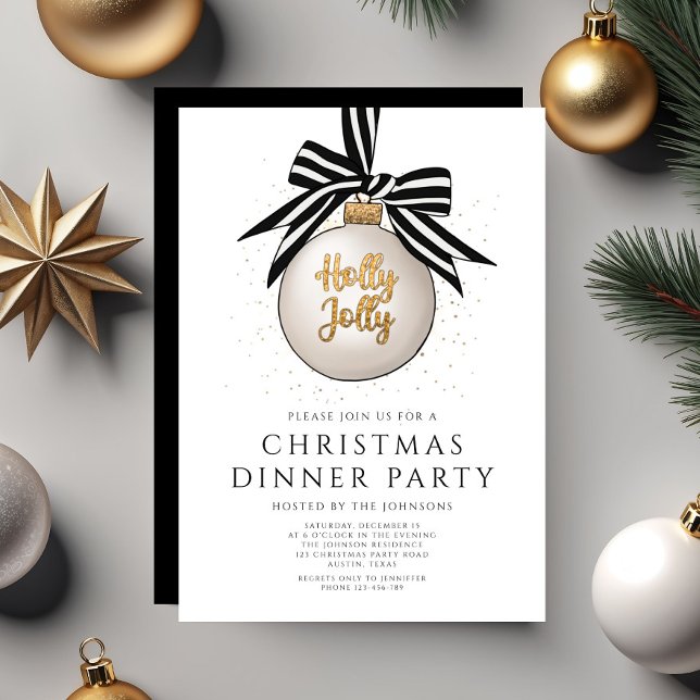 Convites Festa de Janto de Natal Branco e Preto Festivo (Festive Black And White Christmas Dinner Party Invitation)
