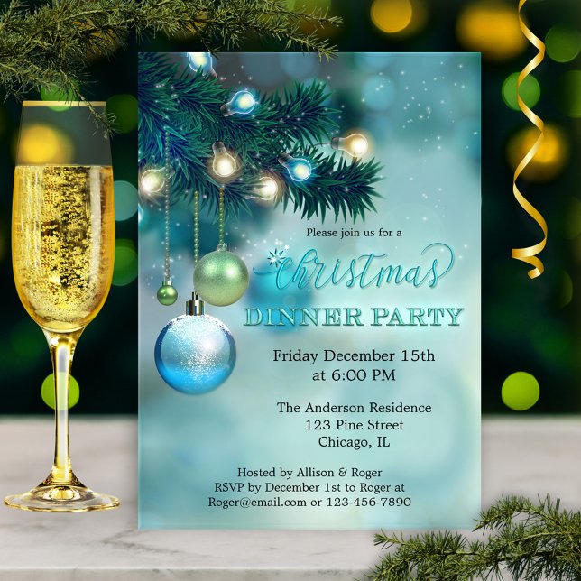 Convites Festa de Janto de Natal das Luzes Espumantes Elega (Christmas invitation featuring a teal turquoise design with sparkling lights, baubles and pine twigs)