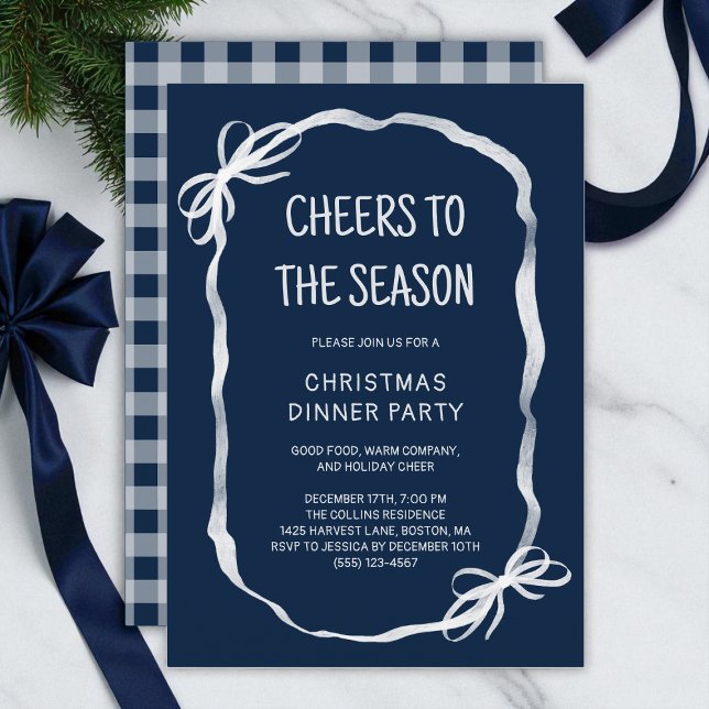 Convites Festa de Janto de Natal Desenhada à Mão Azul (Blue Whimsical Hand Drawn Christmas Dinner Party Invitation)