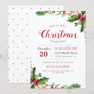 Convites Festa de Janto de Natal do Watercolor Holly Branch