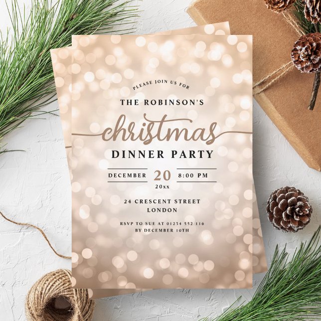 Convites Festa de Janto de Natal Glamororosa Rosa Dourada L (Glamorous Rose Gold Lights Christmas Dinner Party Invitation)