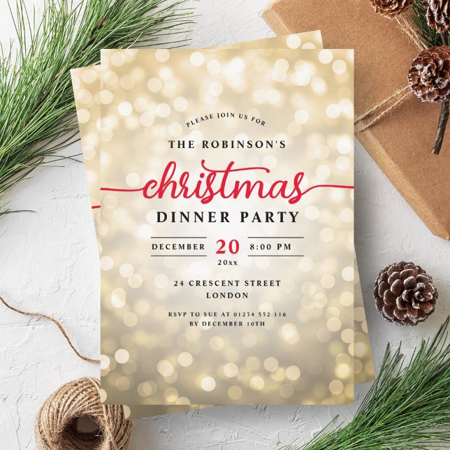 Convites Festa de Janto de Natal Glamorosa Dourada Lights (Glamorous Gold Lights Christmas Dinner Party Invitation)