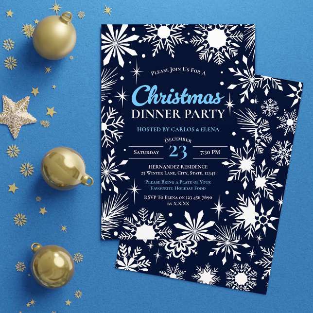 Convites Festa de Janto de Natal marinho Blue Snowflakes (Navy Blue Snowflakes Christmas Dinner Party Invitation)