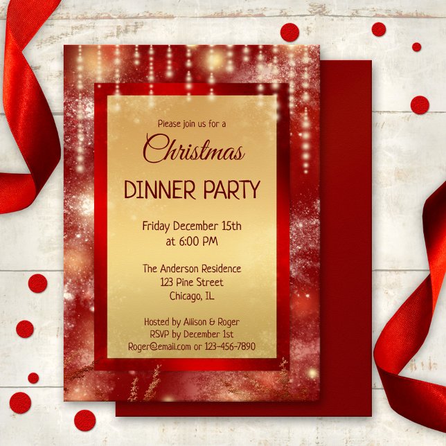 Convites Festa de Janto de Natal para Luzes Douradas Vermel (Christmas or New Year invitation featuring a colorful red and gold design with sparkling lights)