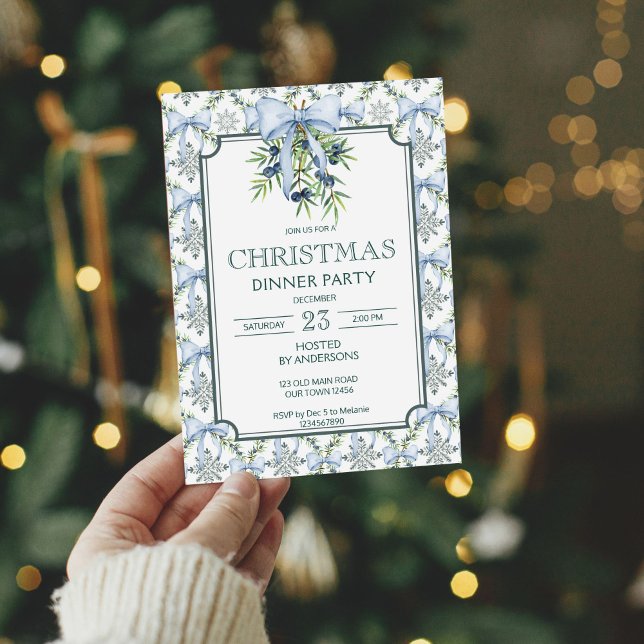 Convites Festa de janto do retro natalino strips (Christmas retro pines blue bow grand millennial dinner party invitation cards template)