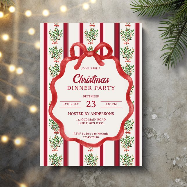 Convites Festa de janto do retro natalino strips (Christmas dinner party invitation retro red stripes winter greenery grandmillenial bow wavy border)