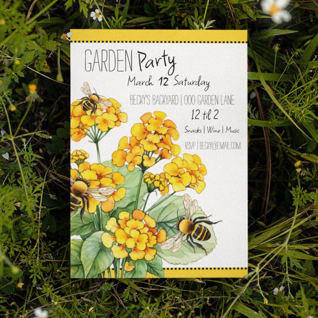 Convites Festa de Jardim de Abelhas com Flores Amarelas (Garden Party Yellow Bumble Bee themed customizable party invitation for spring events. )