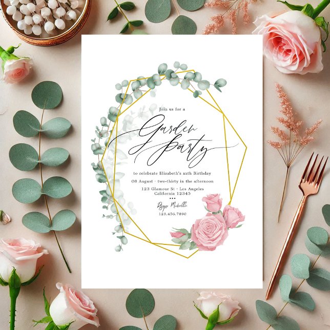 Convites Festa de Jardim de Eucalipto Elegante e Rosas Cor- (Elegant Eucalyptus and Pink Roses Garden Party Invitation)
