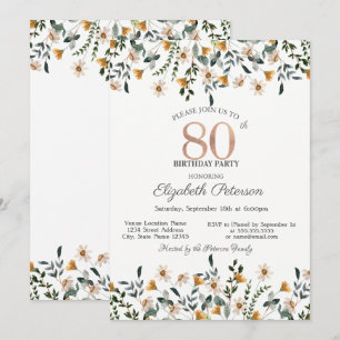 Convites Festa de Jardim de Flores Aquareladas de 80 Anos d