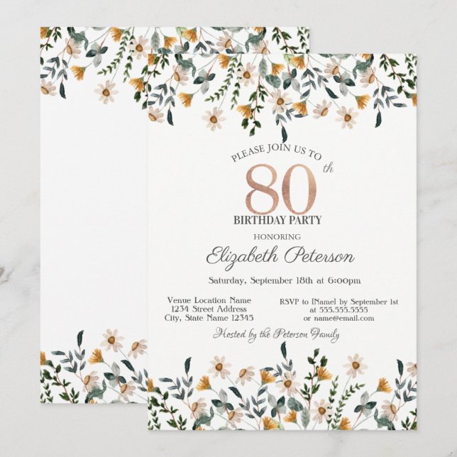 Convites Festa de Jardim de Flores Aquareladas de 80 Anos d (Frente/Verso)
