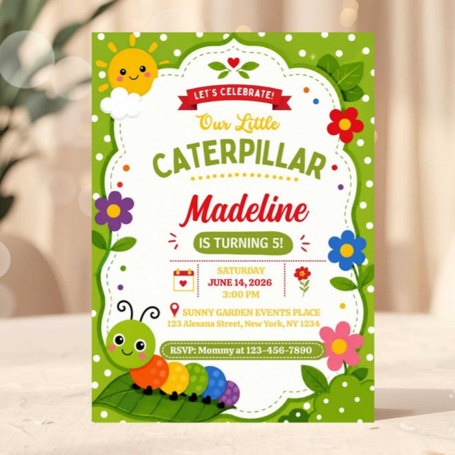 Convites Festa de Jardim Divertida e Fofa de Aniversário da (Caterpillar Birthday Invitation Template, Cute Bug Birthday Party Invite,)