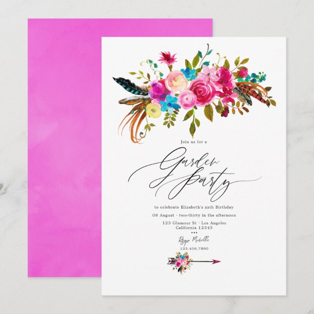 Convites Festa de Jardim Floral Boho Chic Rosa-Intenso (Frente/Verso)