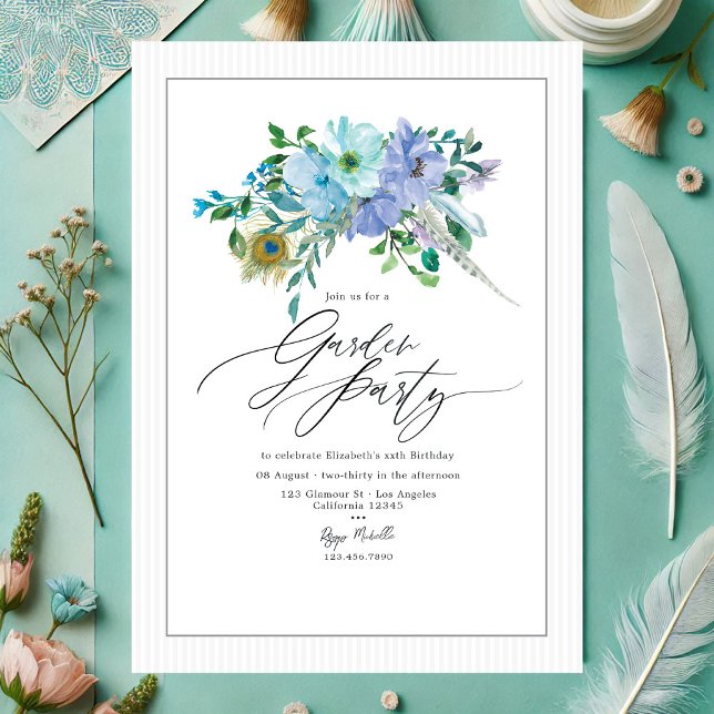 Convites Festa de Jardim Floral Boho de Menta e Azul Elegan (Elegant Mint and Blue Boho Floral Garden Party Invitation)