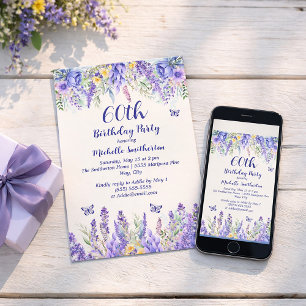 Convites Festa de Jardim Floral Lavanda Roxa 60º Aniversári