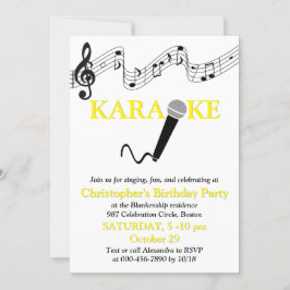 Convites Festa de Karaokê Escala Musical Microfone Amarelo