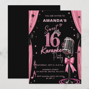 Convites Festa de Karaokê Glam Pink Sweet 16 Aniversário