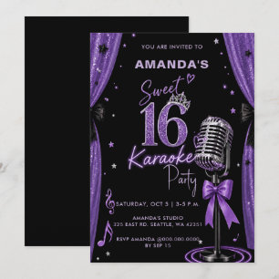 Convites Festa de Karaokê Glam Purple Sweet 16 Aniversário