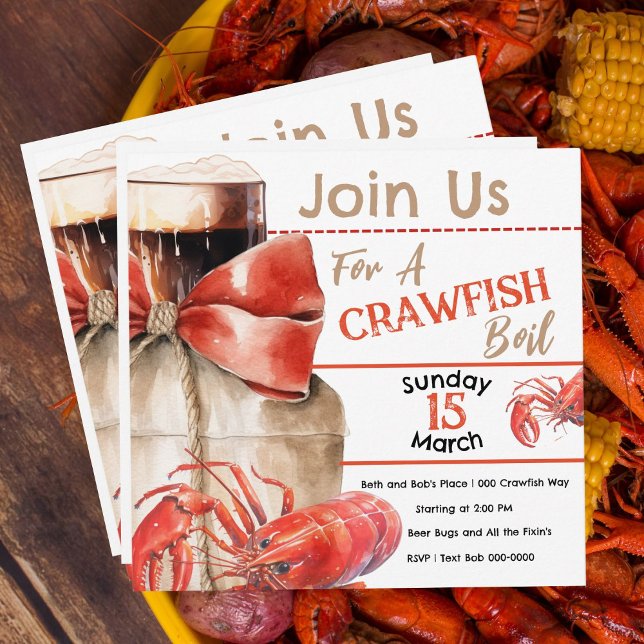 Convites Festa de Lagostas (Crawfish and crayfish boil party invitations you can customize.  Cute red crawfish and beer, burlap.)