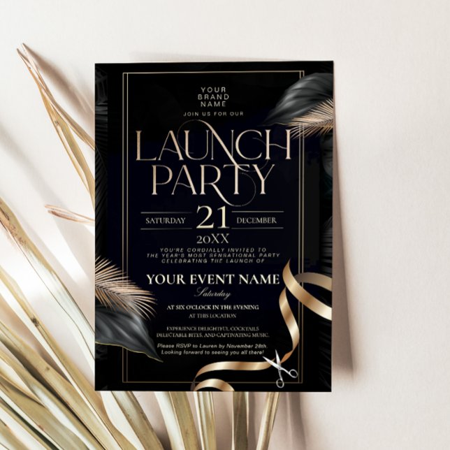 Convites Festa de Lançamento de Corte de Fita Preta e Doura (Luxury Black Gold Ribbon Cutting Launch Party Invitation Card)