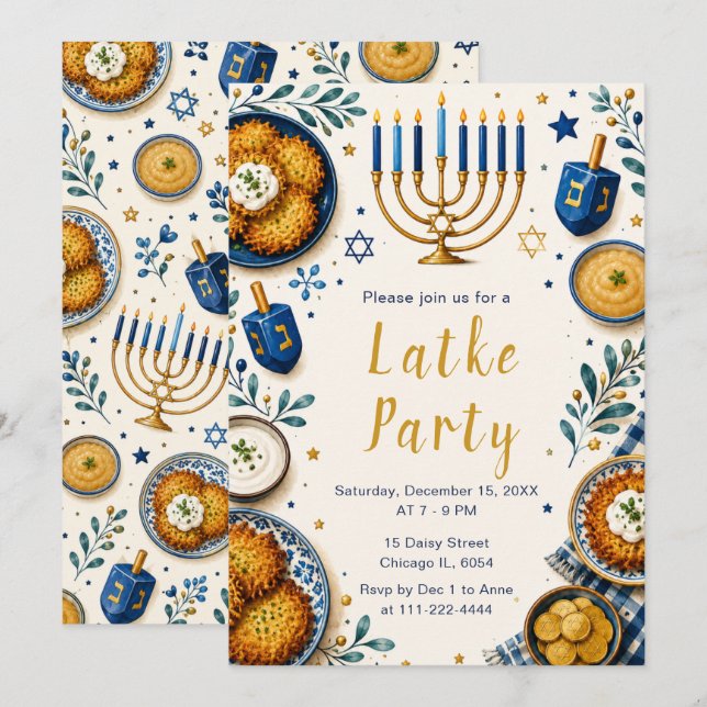 Convites Festa de Latke de Hanukkah (Frente/Verso)