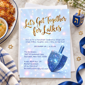 Convites Festa de Latke de Hanukkah Dreidel Azul Brilhante