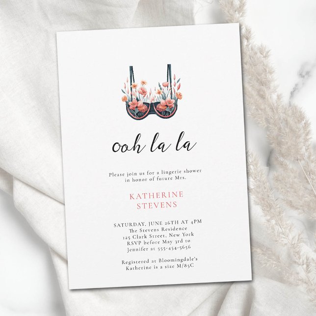 Convites Festa de Lingeries de flores silvestres Ooh La Chá (lingerie shower wildflowers black bra watercolor bridal party invite modern elegant classy feminine )