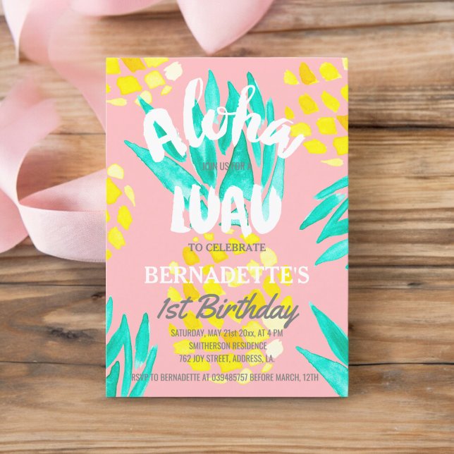 Convites Festa de Luau Abacaxis Aloha primeiro Aniversário (Luau party Aloha pineapples first Birthday Invitation)