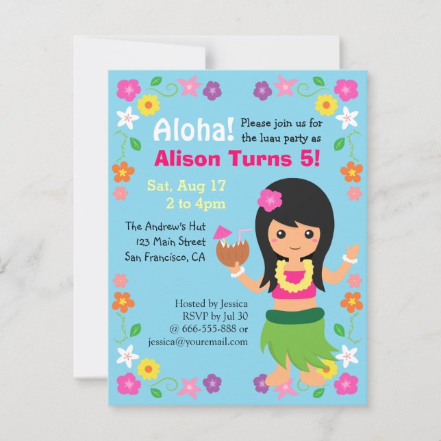 Convites Festa de Luau, Garota Gota do Havaí, Colorida (Frente)