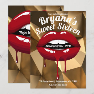 Convites Festa de Luxo Dourada com Lábios Vermelhos Gotejan