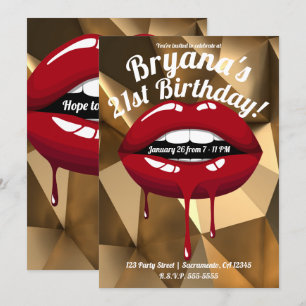 Convites Festa de Luxo Glamurosa Dourada Lábios com Gotejam
