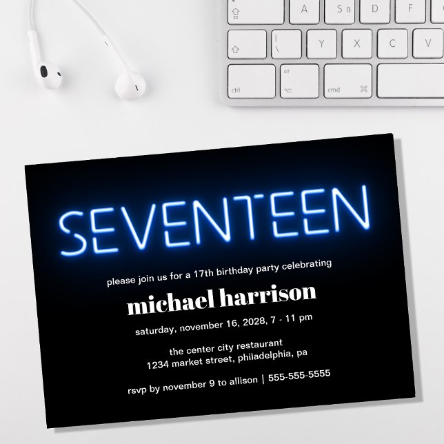 Convites Festa de Luzes Azuis de 17 de Aniversário (Criador carregado)