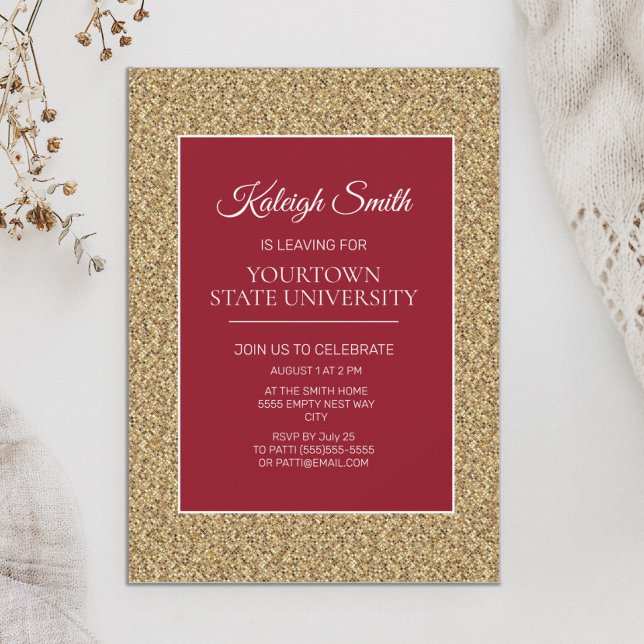 Convites Festa de Mala de Faculdade Elegante Dourado Brilho (Elegant red and gold graduation trunk party invitation)