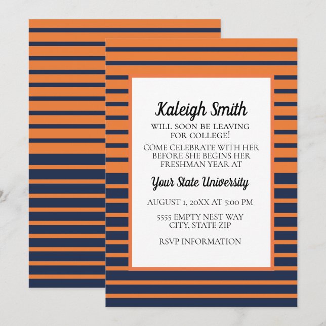 Convites Festa de Mala Universitária Listrada de Laranja e  (Frente/Verso)