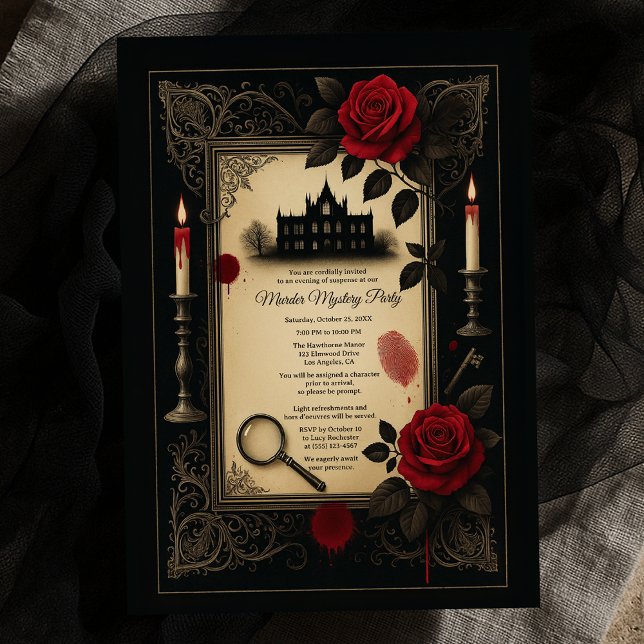 Convites Festa de Mansão Misteriosa do Assassinato da Rosa  (Gothic Red Rose Murder Mystery Mansion Party Invitation
)