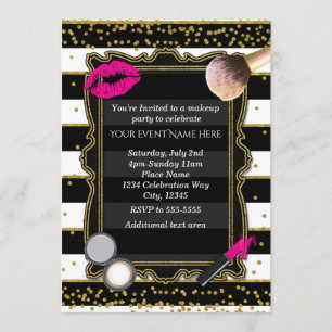 Convites Festa de Maquiagem Dourado Confetes & Listras Glam