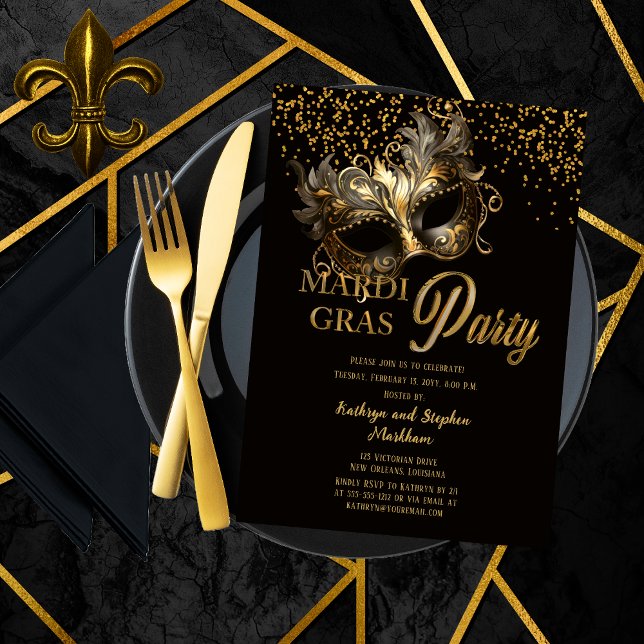 Convites Festa de Máscara de Mascarada Elegante Mardi Gras (Elegant Masquerade Mask Mardi Gras Party Invitation in Black and Gold Tone)