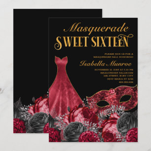 Convites Festa de Máscara Sweet 16 Preto Vermelho e Dourado