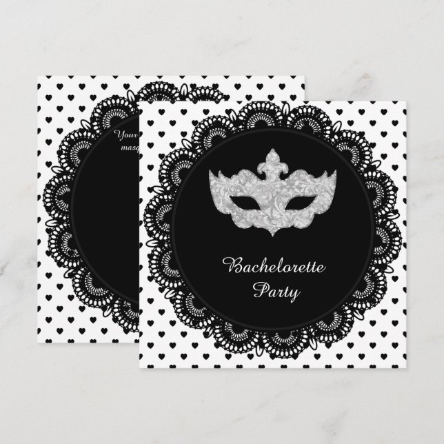 CONVITES FESTA DE MASCARADA BACHELORETTE DE CORAÇÃO BRANCA  (Frente/Verso)