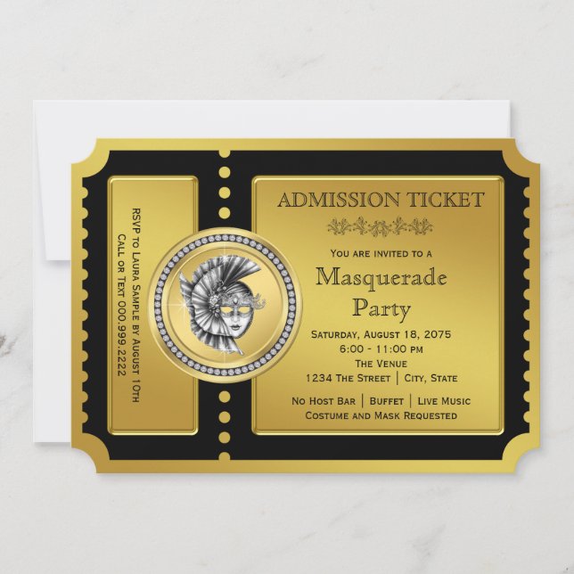 Convites Festa de Mascarada Black and Gold Golden Ticket (Frente)
